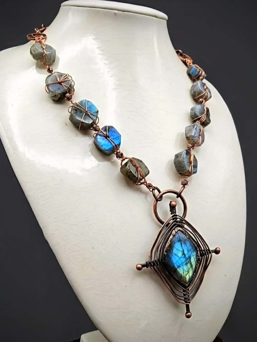 Handmade Natural Wheel Labradorite & Pendant Wire Wrapped Artisan Made Necklace
